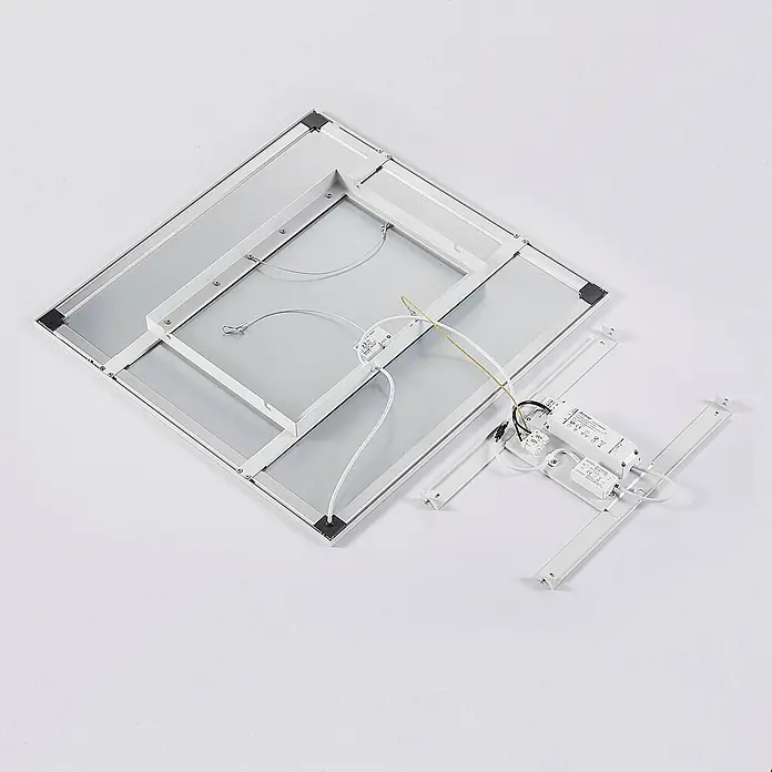 Arcchio LED-Panel Lysander - L x B x H: 61,5 x 61,5 x 5 cm, weiß / opal, weiß / opal - Demontierte quadratische LED-Deckenleuchte mit weißem Metallrahmen, reflektierenden Platten und Netzteil. Einbaufertig.