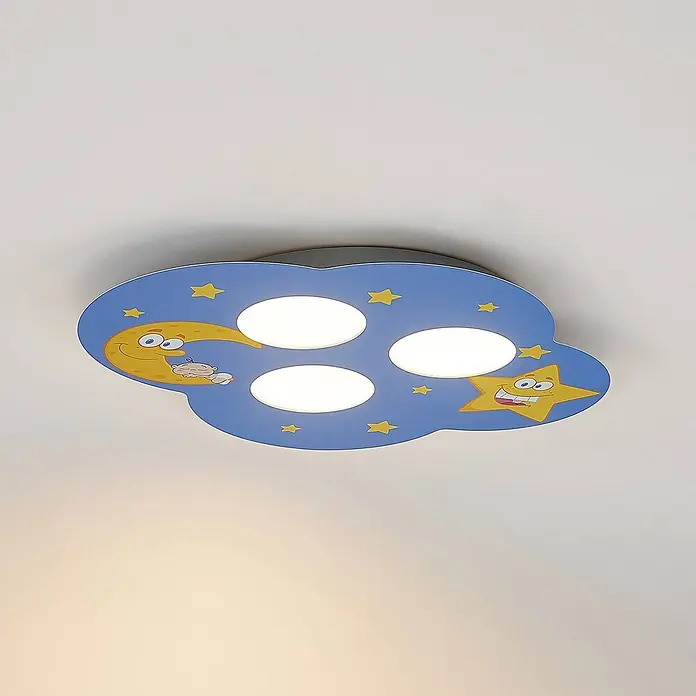Lindby Deckenleuchte Thorke - blau, 2GX53 - Blaues wolkenförmiges Kinderdeckenlicht mit Cartoon-Mond, Stern und vier runden weißen Lampen.