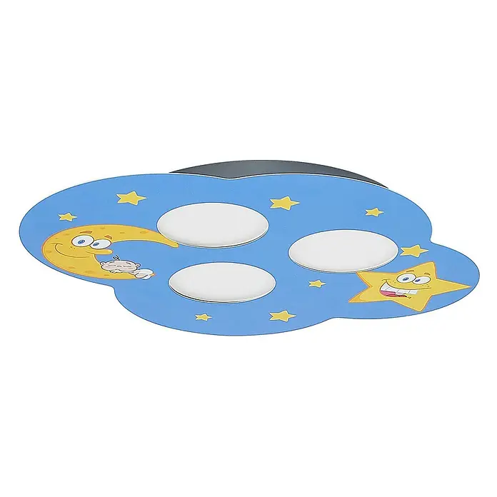 Lindby Deckenleuchte Thorke - blau, 2GX53 - Blaue wolkenförmige Kinderdeckenleuchte mit Mond- und Sternfiguren sowie drei weißen Leuchten.