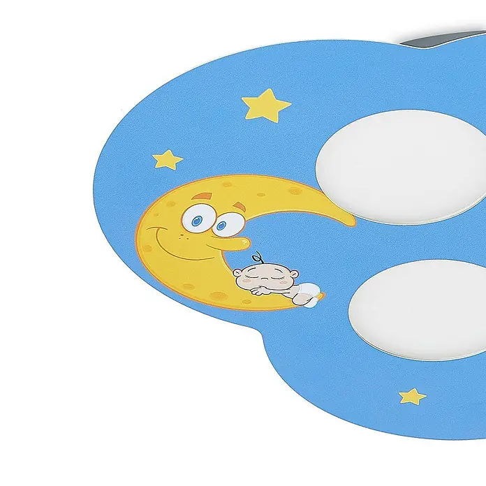 Lindby Deckenleuchte Thorke - blau, 2GX53 - Blauer, wolkenförmiger Kinderrahmen mit lächelndem Mond, schlafendem Baby, Sternen und zwei runden Fotoeinsätzen.