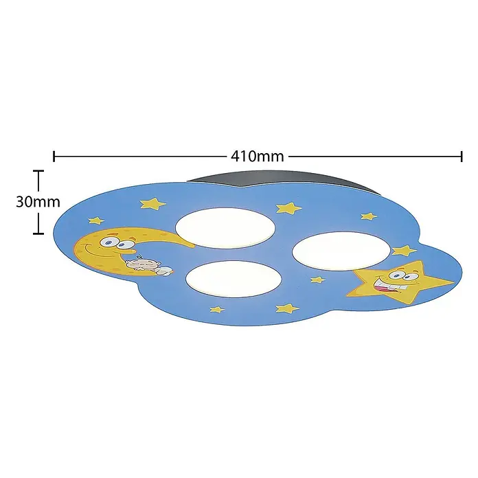 Lindby Deckenleuchte Thorke - blau, 2GX53 - Blaues wolkenförmiges Kinderdeckenlicht mit Mond- und Sternfiguren, 3 weißen Lichtquellen. Maße: 410mm breit, 30mm dick.
