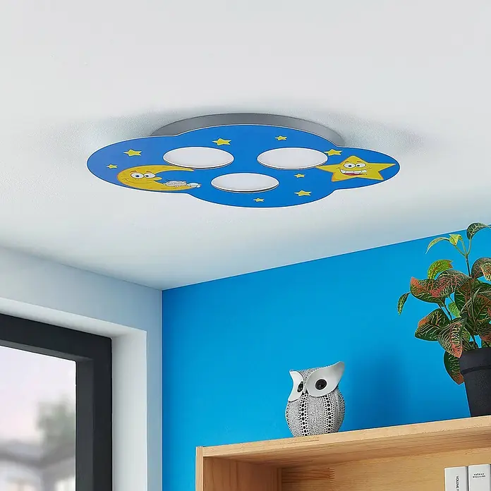 Lindby Deckenleuchte Thorke - blau, 2GX53 - Wolkenförmige blaue Kinderzimmer-Deckenleuchte mit Cartoon-Mond- und Sternfiguren und drei weißen Lichtmodulen.