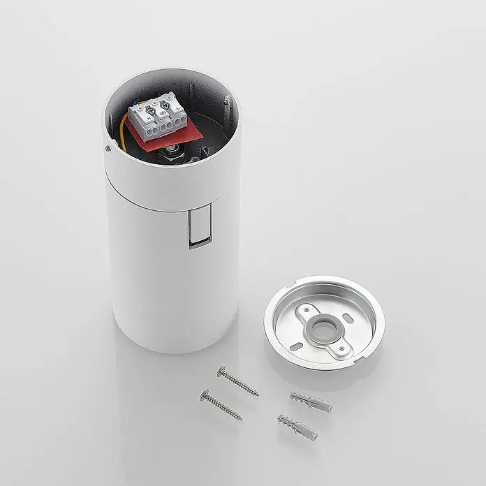 Arcchio Deckenstrahler Thabo - weiß / opal, weiß / opal - Weißes zylindrisches Elektrogehäuse mit Klemmleiste, Metall-Montagesockel, Schrauben und Dübeln.