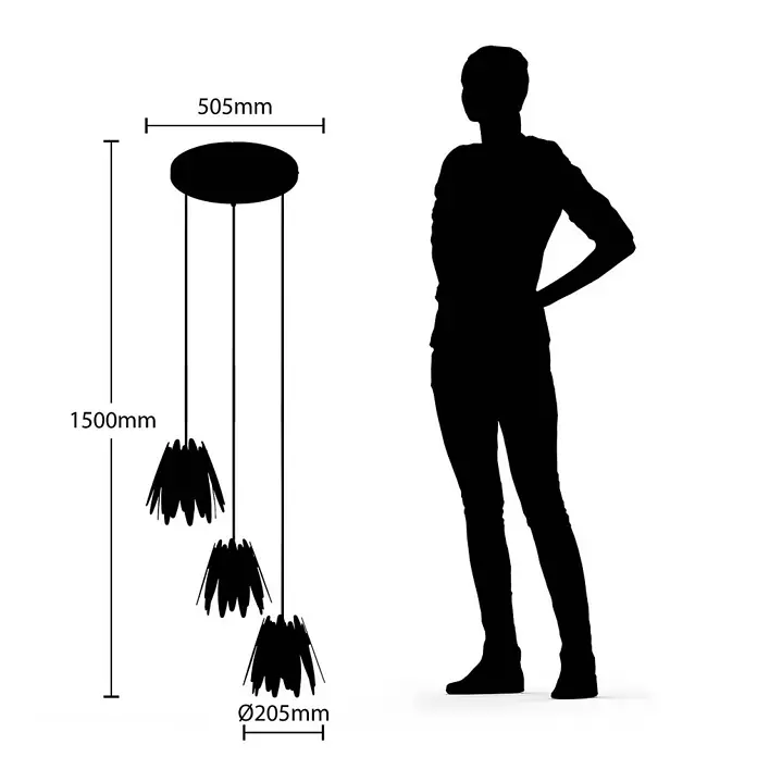 Lucande Pendelleuchte Lounit - L x B x H: 50 x 50 x 150 cm, schwarz, Schwarz, gold, E14 - Schwarze dreiflammige Pendelleuchte, 1500mm lang, 505mm breit, mit menschlicher Silhouette als Größenvergleich.