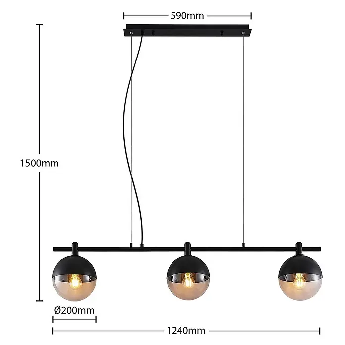 Lucande Pendelleuchte Dustian - klar, Schwarz, E27 - Schwarze Dreifach-Pendelleuchte mit sphärischen Rauchglas-Schirmen, 1240mm langer Stange und 200mm Durchmesser der Schirme.