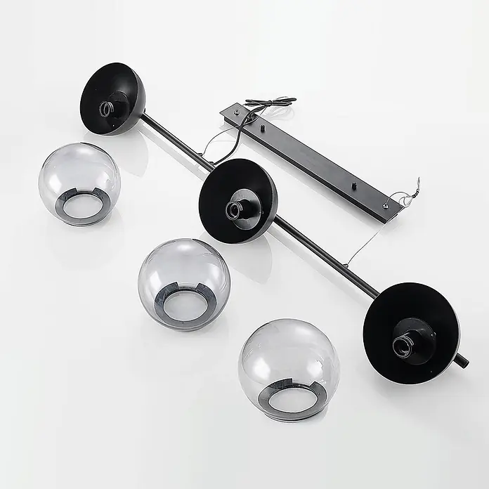 Lucande Pendelleuchte Dustian - klar, Schwarz, E27 - Schwarze Deckenleuchte mit drei Rauchglas-Kugeln, zur Montage bereit.