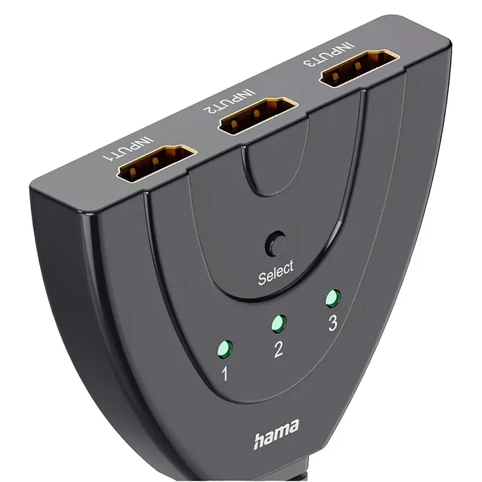Hama HDMI-Umschalter 00205101 4K 3x1 3x HDMI-Buchse - 1x HDMI-Stecker - Schwarz - Schwarzer Hama HDMI-Umschalter mit 3 Eingängen, Wahltaste und 3 LED-Anzeigen.
