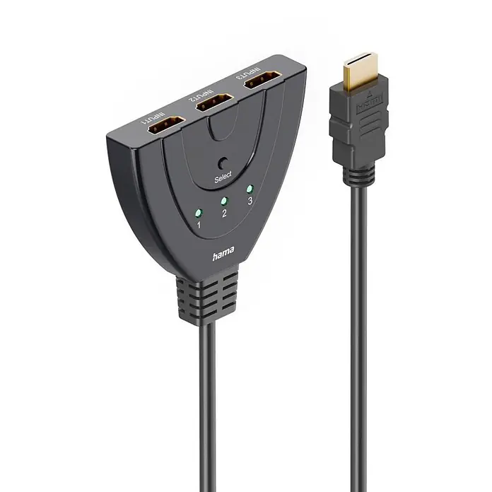 Hama HDMI-Umschalter 00205101 4K 3x1 3x HDMI-Buchse - 1x HDMI-Stecker - Schwarz - Schwarzer Hama 3-in-1 HDMI-Umschalter mit integriertem Kabel und vergoldetem Stecker, zeigt drei Eingänge und beleuchtete LEDs.