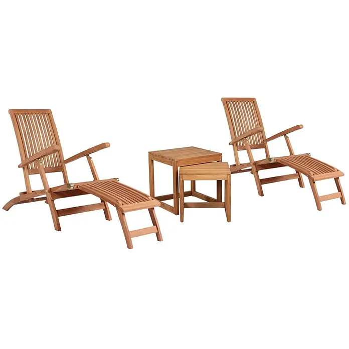 Bene Living Gartenliegen-Set Deckchair Yacht & Tische Verwood - braun, Naturmaterialien, Rückenlehne verstellbar - Zwei hölzerne Gartenliegen mit Fußhockern und zwei ineinandersteckbaren Beistelltischen.