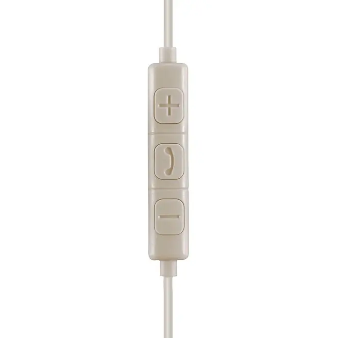 Hama Kopfhörer "Relax" In Ear - Sand - Hellbeiges In-Line-Bedienfeld für Ohrhörer mit Plus-, Telefon- und Minustasten an einem weißen Kabel.