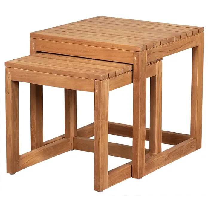 Bene Living Gartenliegen-Set Deckchair Yacht & Tische Verwood - braun, Naturmaterialien, Rückenlehne verstellbar - Zwei ineinander passende Beistelltische aus hellem Holz.