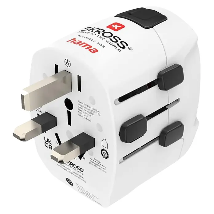 Hama Reiseadapter 00223474 "World Travel Pro Light USB" 3-polig 2x USB - Weiß - Weißer SKROSS Universal-Reiseadapter mit schwarzen Akzenten und mehreren ausziehbaren Steckertypen.