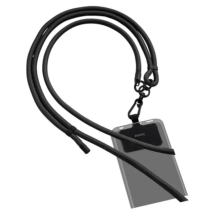 Hama Kabelbinder 00135285 Handyband zum Umhängen - Schwarz - Schwarzes Textil-Smartphone-Lanyard mit transparentem Hülleneinsatz und Karabiner.