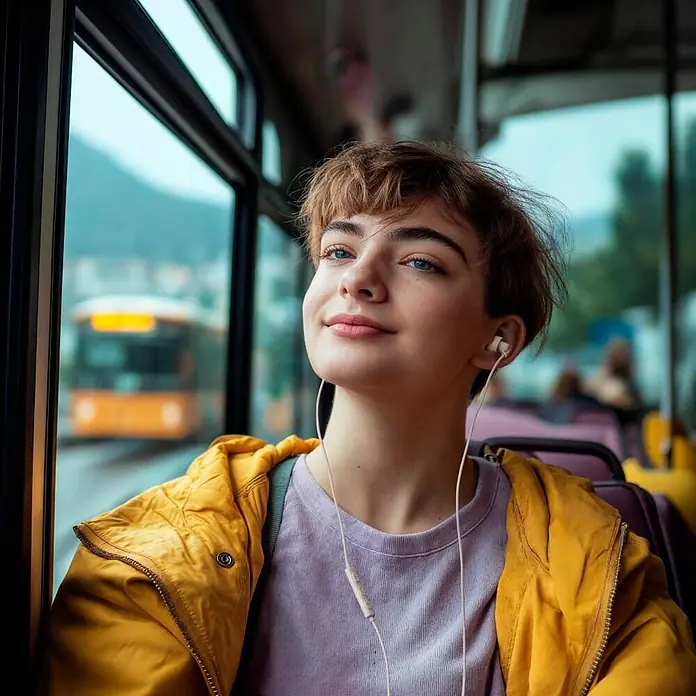 Hama Kopfhörer "Relax" In Ear - Sand - Eine Person hört Musik mit weißen kabelgebundenen Ohrhörern im Bus.