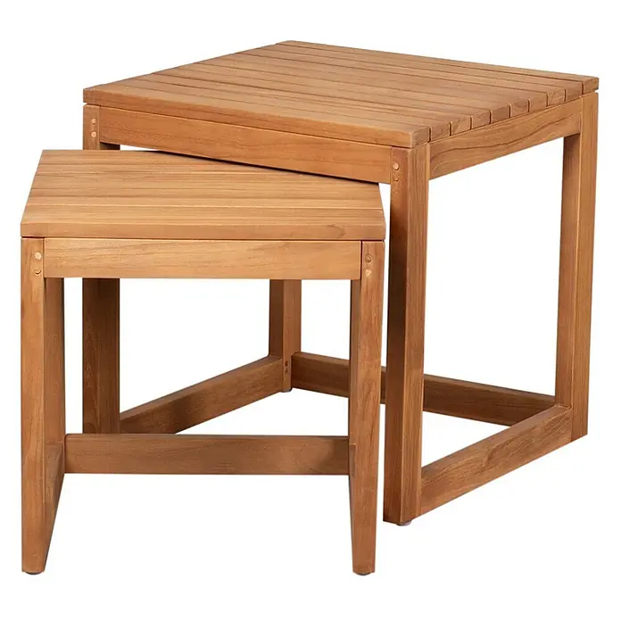 Bene Living Gartenliegen-Set Deckchair Yacht & Tische Verwood - braun, Naturmaterialien, Rückenlehne verstellbar - Zwei Satztische aus Naturholz mit Lattenplatten, platzsparend.