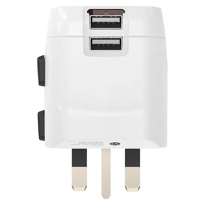 Hama Reiseadapter 00223474 "World Travel Pro Light USB" 3-polig 2x USB - Weiß - Weißer Reiseadapter mit zwei USB-A-Anschlüssen und britischem Stecker zum Aufladen von Geräten.