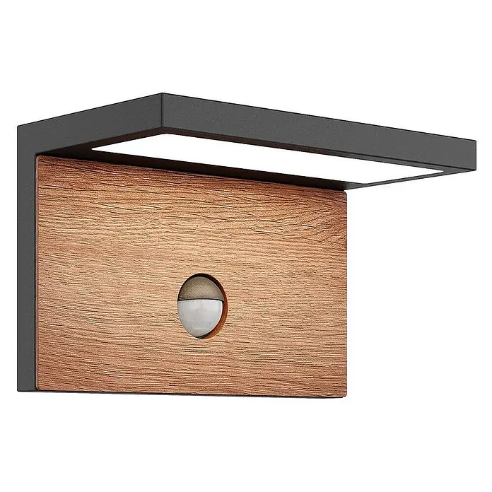 Lucande Außenwandleuchte Lignus - schwarz, IP54 - Dunkelgraue Wandleuchte mit Holzstruktur-Frontplatte und integriertem Bewegungssensor.