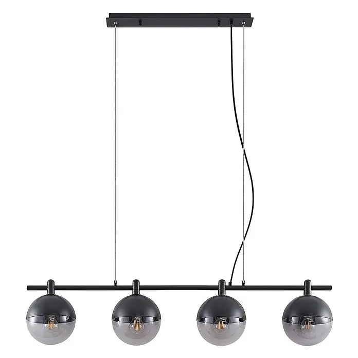 Lucande Pendelleuchte Dustian - L x B x H: 124 x 20 x 150 cm, klar, Schwarz, E27 - Schwarze Metall-Pendelleuchte mit vier linearen grauen Glaskugel-Schirmen und Filamentbirnen.