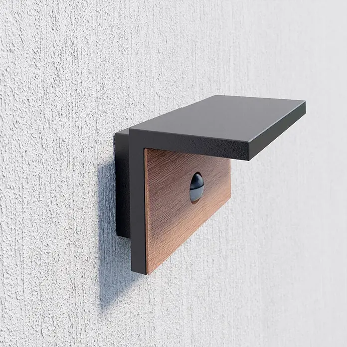 Lucande Außenwandleuchte Lignus - schwarz, IP54 - Wandmontierte Außenleuchte mit dunklem Metallrahmen und Holzfrontplatte mit kugelförmigem Licht oder Sensor.