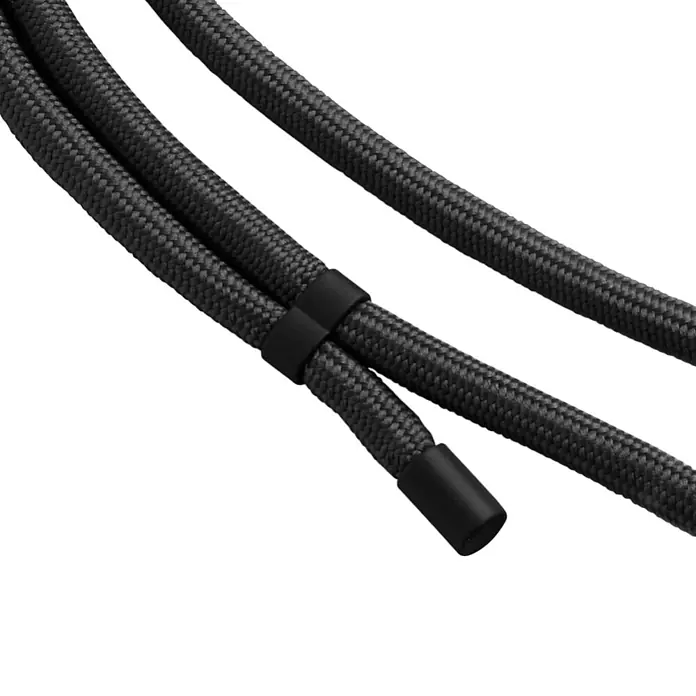 Hama Kabelbinder 00135285 Handyband zum Umhängen - Schwarz - Schwarze geflochtene Kabel, zwei durch einen schwarzen Plastikclip gesichert, eines mit schwarzer Endkappe.