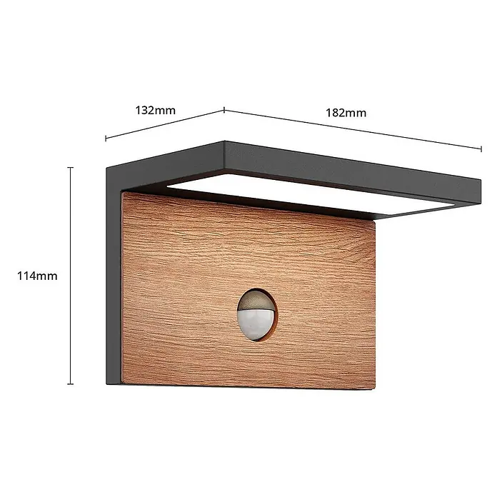 Lucande Außenwandleuchte Lignus - schwarz, IP54 - Moderne Wandleuchte mit dunklem Rahmen, Holzfront, integriertem Downlight und Bewegungssensor.