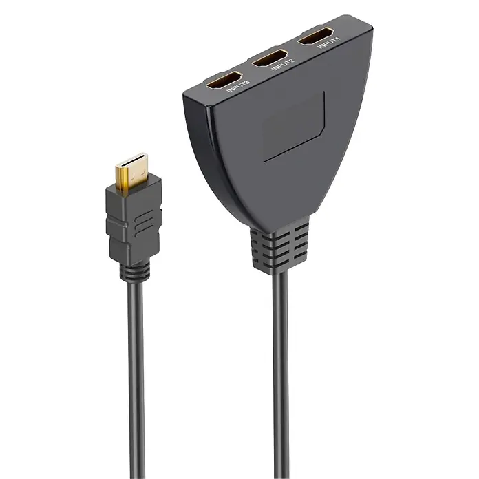 Hama HDMI-Umschalter 00205101 4K 3x1 3x HDMI-Buchse - 1x HDMI-Stecker - Schwarz - Ein schwarzer 3-in-1 HDMI-Splitter mit vergoldeten Anschlüssen zum Verbinden mehrerer Geräte mit einem Display.