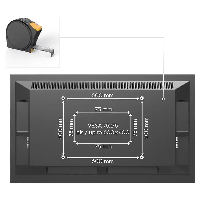 Hama TV-Ständer 00220911 schwenkbar höhenverstellbar 191 cm - 75" - Rückseite eines dunkelgrauen Displays mit VESA-Halterung von 75x75 mm bis 600x400 mm und einem Maßband.