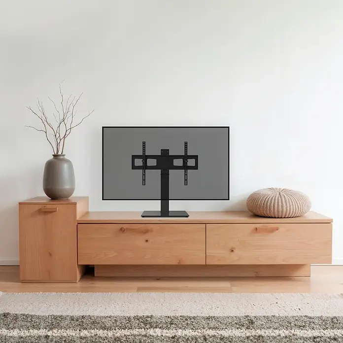 Hama TV-Ständer 00220911 schwenkbar höhenverstellbar 191 cm - 75" - Schwarzer TV-Standfuß aus Metall mit flachem Sockel, der einen Bildschirm auf einer Holzkonsole trägt. Die verstellbare Halterung ist auf dem grauen Bildschirm zu sehen.