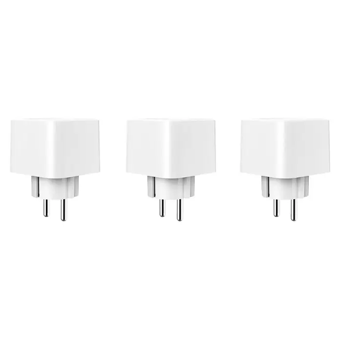 Hama Smart-Steckdose 00176658 Matter 3.680W Sprach-/Appgesteuert 3er-Pack - Weiß - Drei weiße, rechteckige Netzadapter mit je zwei Metallstiften.