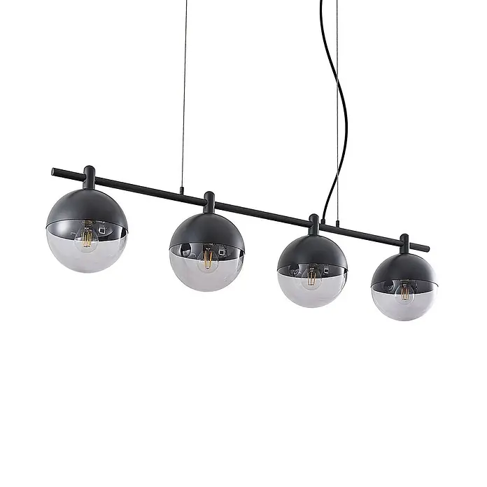 Lucande Pendelleuchte Dustian - L x B x H: 124 x 20 x 150 cm, klar, Schwarz, E27 - Schwarze Pendelleuchte mit vier kugelförmigen Schirmen, klarem Glas unten und sichtbaren Edison-Glühbirnen.