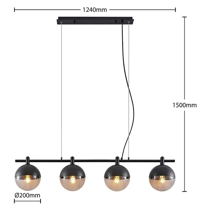 Lucande Pendelleuchte Dustian - L x B x H: 124 x 20 x 150 cm, klar, Schwarz, E27 - Schwarze lineare Pendelleuchte mit vier kugelförmigen Glasschirmen, 1240mm lang, 1500mm hoch, mit 200mm Schirmdurchmesser.