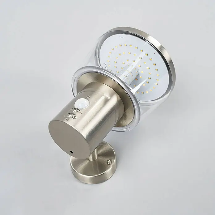 Lindby Außenwandleuchte Antje - alu / grau / zink, IP44 - Gebürstete Edelstahl-LED-Wandleuchte mit klarer Abdeckung und integriertem Bewegungsmelder mit einstellbarer Reichweite und Lichtempfindlichkeit.