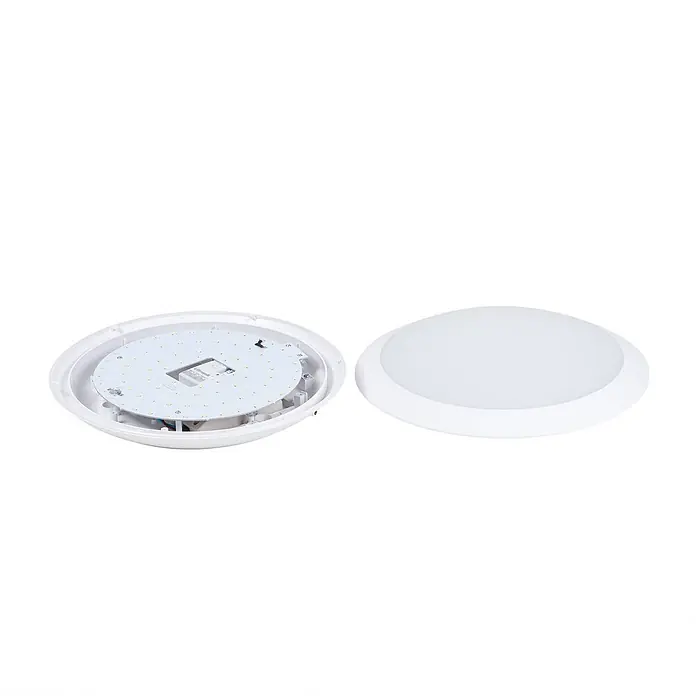 Lindby Außenwand- & Deckenleuchte Naira - weiß / opal, weiß / opal, IP65 - Weiße runde LED-Deckenleuchte zerlegt gezeigt, mit Basisplatine und separater milchiger Abdeckung.