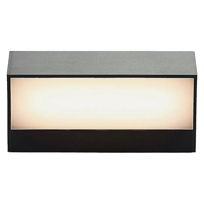 Lindby Außenwandleuchte Nienke - schwarz, schwarz, IP65 - Rechteckige Leuchte mit grauem Oberteil, schwarzem Rahmen und warmweiß leuchtendem Paneel.