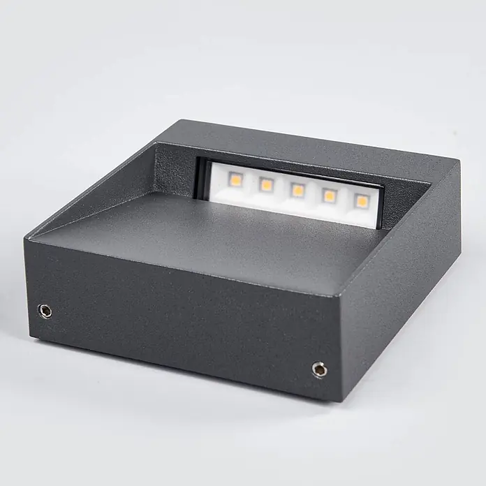 Lucande Außenwandleuchte Dijora - 3,1 x 9,5 x 9,5 cm, schwarz, IP65 - Dunkelgraue rechteckige LED-Wandleuchte mit fünf versenkten warmweißen LEDs, ideal für Außenbeleuchtung.