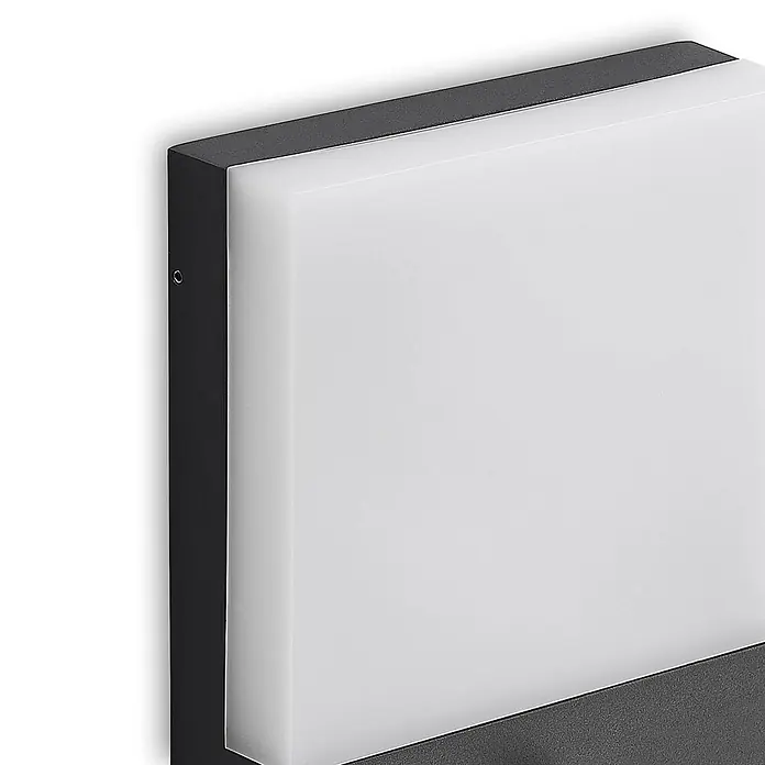 Lindby Außenwandleuchte Vanira - schwarz, IP54 - Moderne quadratische Wandleuchte mit dunkelgrauem Rahmen und weißer Diffusorplatte.