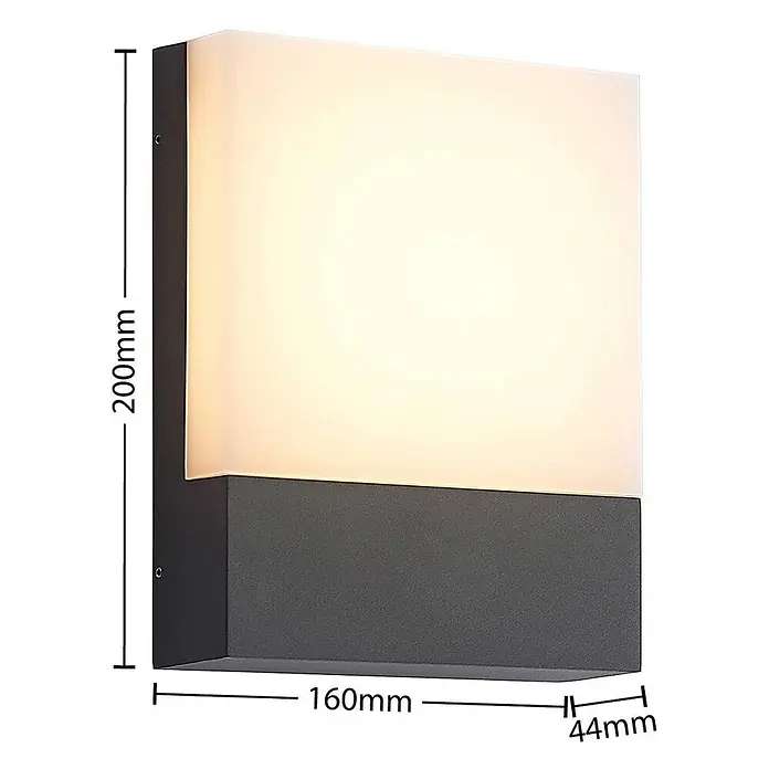 Lindby Außenwandleuchte Vanira - schwarz, IP54 - Rechteckige Außenwandleuchte mit dunkelgrauem Sockel und beleuchtetem weißem Diffusor, Maße 200x160x44mm.