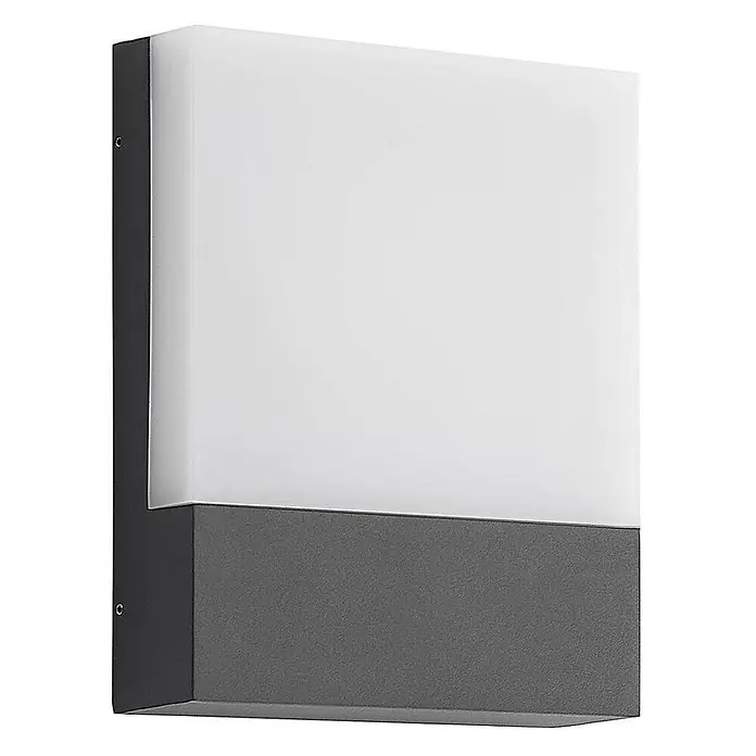 Lindby Außenwandleuchte Vanira - schwarz, IP54 - Rechteckige Außenwandleuchte mit dunkelgrauem Sockel und weißer diffuser Lichtplatte.