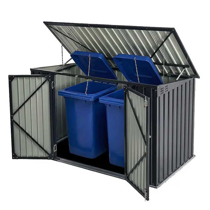 Juskys Mülltonnenbox Namur - 20 mm x 105 cm, Metall, Anthrazit, Geeignet für Anzahl Mülltonnen: 3 Stk. - Dunkelgraue Mülltonnenbox aus Metall mit geöffnetem Dach und Türen, enthält zwei blaue Mülltonnen mit offenen Deckeln.