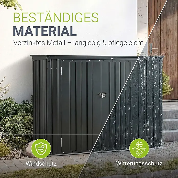 Juskys Mülltonnenbox Namur - 20 mm x 105 cm, Metall, Anthrazit, Geeignet für Anzahl Mülltonnen: 3 Stk. - Dunkelgraues Gartenhaus aus verzinktem Metall, das Wind- und Wetterschutz demonstriert.