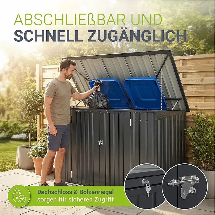 Juskys Mülltonnenbox Namur - 20 mm x 105 cm, Metall, Anthrazit, Geeignet für Anzahl Mülltonnen: 3 Stk. - Dunkelgraue Mülltonnenbox aus Metall im Garten, ein Mann legt Abfall hinein. Sie ist abschließbar und bietet sicheren Zugriff.