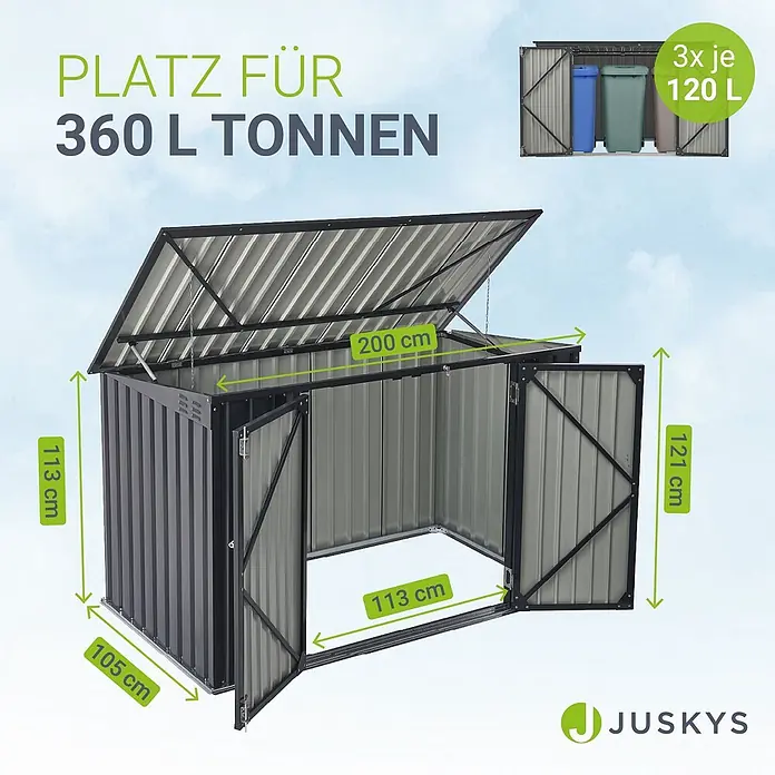 Juskys Mülltonnenbox Namur - 20 mm x 105 cm, Metall, Anthrazit, Geeignet für Anzahl Mülltonnen: 3 Stk. - Dunkelgraue Mülltonnenbox aus Metall mit geöffnetem Deckel und Türen, passend für drei 120L Tonnen. Maße sind angegeben.