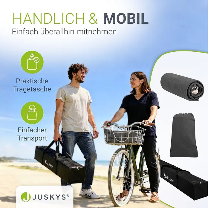 Juskys Hängematten-Set Paya - L x B x H: 279 x 109 x 101 cm, Grau - Mann trägt schwarze JUSKYS Tragetasche am Strand, mit gerollter grauer Matte und grauem Beutel in Einblendungen.
