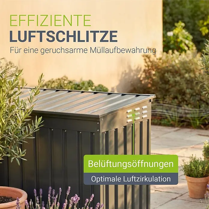 Juskys Mülltonnenbox Namur - 20 mm x 105 cm, Metall, Anthrazit, Geeignet für Anzahl Mülltonnen: 3 Stk. - Dunkelgraue Metall-Mülltonnenbox mit Lüftungsschlitzen im Garten. Sorgt für optimale Luftzirkulation zur geruchsarmen Aufbewahrung.