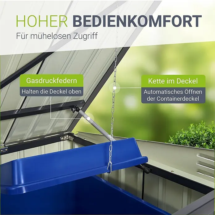 Juskys Mülltonnenbox Namur - 20 mm x 105 cm, Metall, Anthrazit, Geeignet für Anzahl Mülltonnen: 3 Stk. - Mülltonnenbox mit Gasdruckfedern zum Offenhalten des Deckels und Kette zur automatischen Öffnung der Tonnen-Deckel für mühelosen Zugriff.