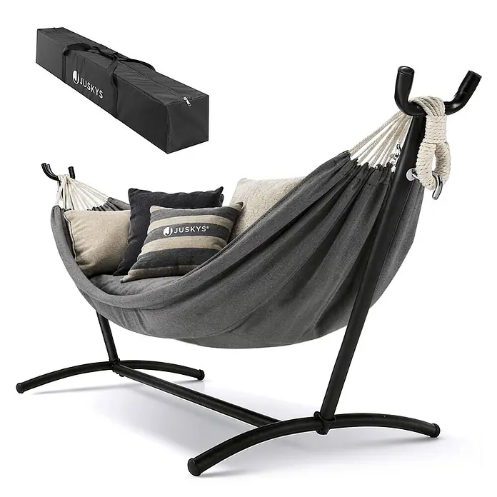 Juskys Hängematten-Set Paya - L x B x H: 279 x 109 x 101 cm, Grau - Graue JUSKYS Hängematte mit schwarzem Gestell, Kissen und passender Tragetasche für Mobilität.