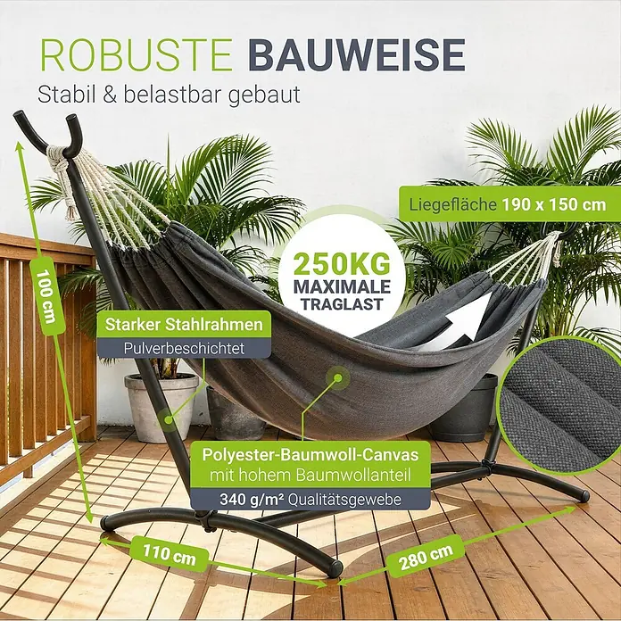 Juskys Hängematten-Set Paya - L x B x H: 279 x 109 x 101 cm, Grau - Dunkelgraue Hängematte mit schwarzem Metallgestell auf Holzterrasse. Liegefläche 190x150cm, 250kg Tragkraft.