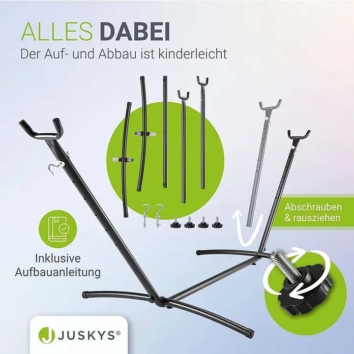 Juskys Hängematten-Set Paya - L x B x H: 279 x 109 x 101 cm, Hellgrau - Zerlegter schwarzer Metall-Hängemattenständer mit Einzelteilen, Werkzeugen und Aufbauanleitung für einfache Montage.