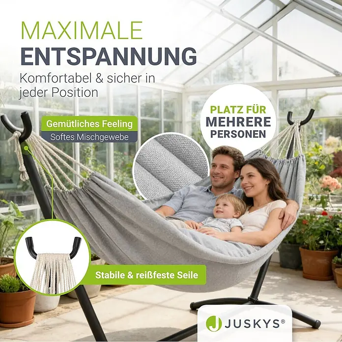 Juskys Hängematten-Set Paya - L x B x H: 279 x 109 x 101 cm, Hellgrau - Graue Stoffhängematte mit schwarzem Gestell, bequem eine Familie beherbergend. Aus weichem Mischgewebe mit stabilen Seilen.