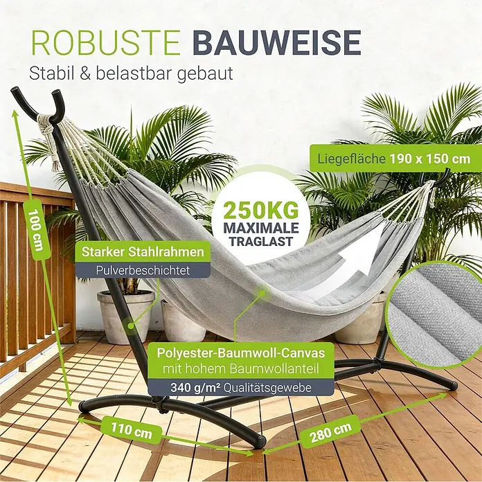 Juskys Hängematten-Set Paya - L x B x H: 279 x 109 x 101 cm, Hellgrau - Graue Hängematte mit schwarzem Stahlgestell auf Holzdeck, hebt robuste Bauweise, Material und 250kg Traglast hervor.